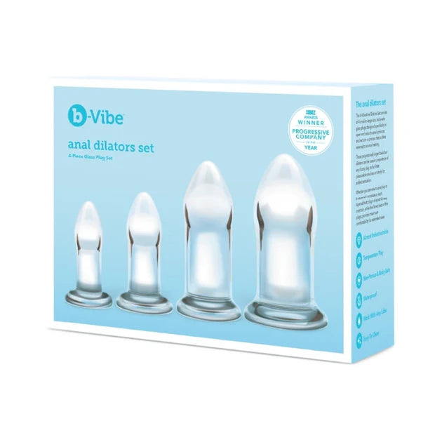 b-Vibe 4-Piece Anal Dilators Glass Plug Set featuring graduated body-safe glass plugs in four sizes.
