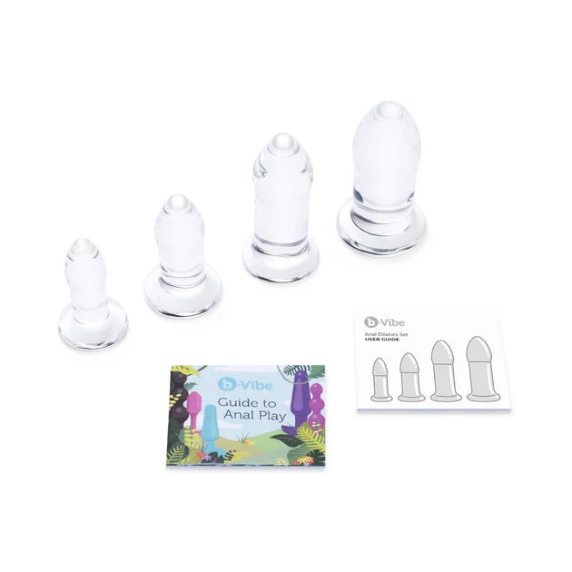 b-Vibe 4-Piece Anal Dilators Glass Plug Set featuring graduated body-safe glass plugs in four sizes.