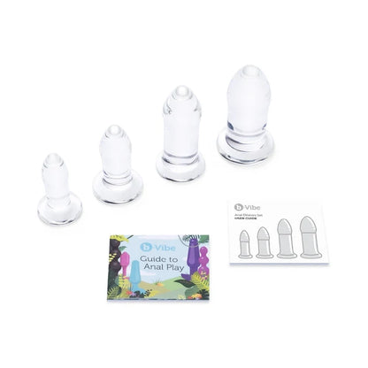 b-Vibe 4-Piece Anal Dilators Glass Plug Set featuring graduated body-safe glass plugs in four sizes.