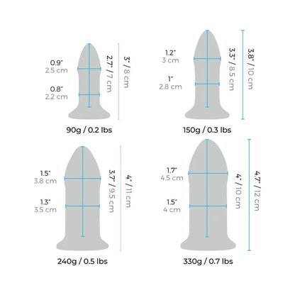 b-Vibe 4-Piece Anal Dilators Glass Plug Set featuring graduated body-safe glass plugs in four sizes.