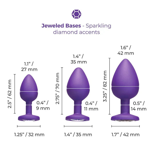 b-Vibe Jewel Butties Bundle of body-safe silicone butt plugs with decorative jewel bases and progressive sizing.