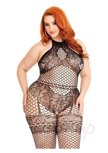 Industrial Net Halter Bodystocking with Faux Lace Lingerie Detail