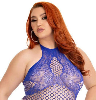 Industrial Net Halter Bodystocking with Faux Lace Lingerie Detail