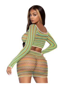 2 Pc Zig Zag Net Crop Top and Mini Dress - One Size