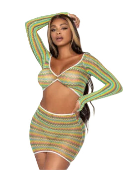 2 Pc Zig Zag Net Crop Top and Mini Dress - One Size