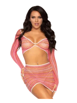 2 Pc Zig Zag Net Crop Top and Mini Dress - One Size