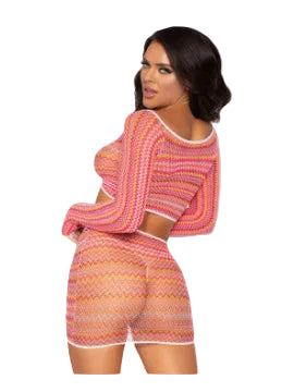 2 Pc Zig Zag Net Crop Top and Mini Dress - One Size