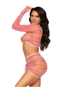 2 Pc Zig Zag Net Crop Top and Mini Dress - One Size